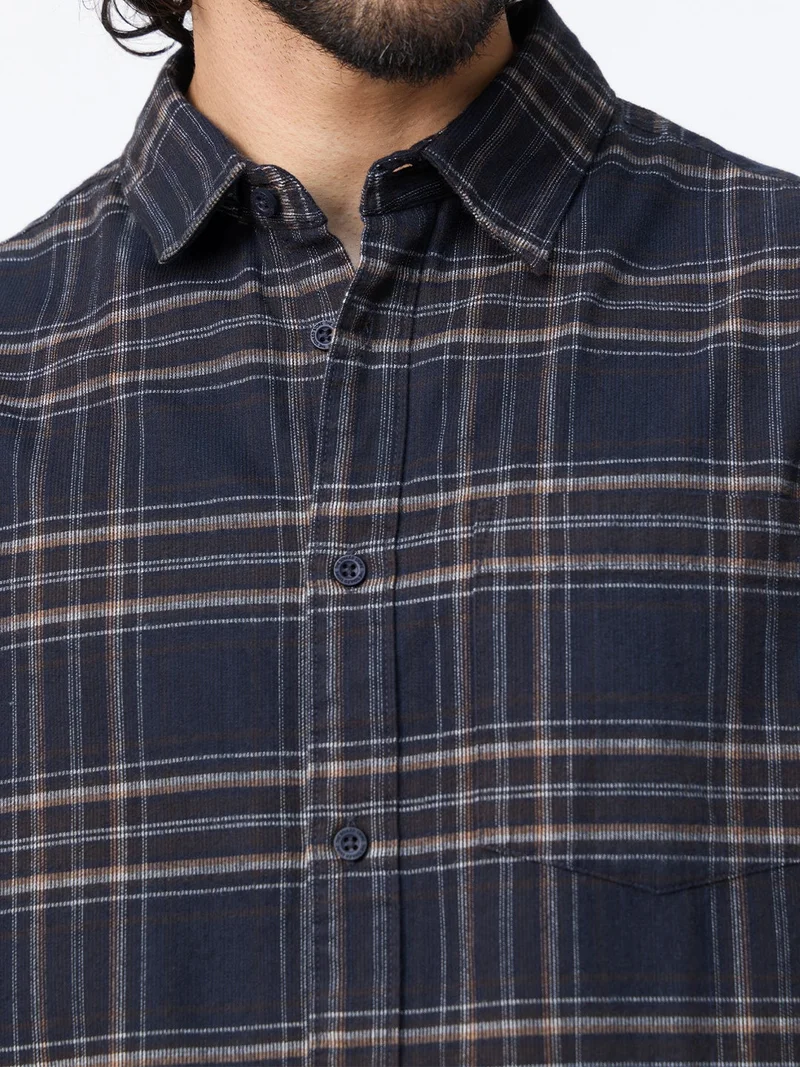 The Souled Store  The Souled Store: Eclipse Men and Boys Long Sleeve Spread Collar Navy Plaid Cotton Relaxed Shirt  | Best Price UAE