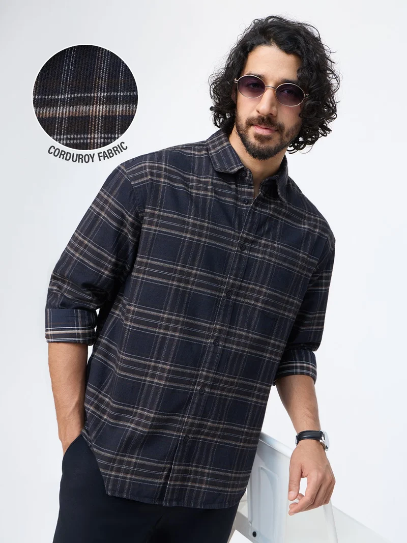 The Souled Store: Eclipse Men and Boys Long Sleeve Spread Collar Navy Plaid Cotton Relaxed Shirt