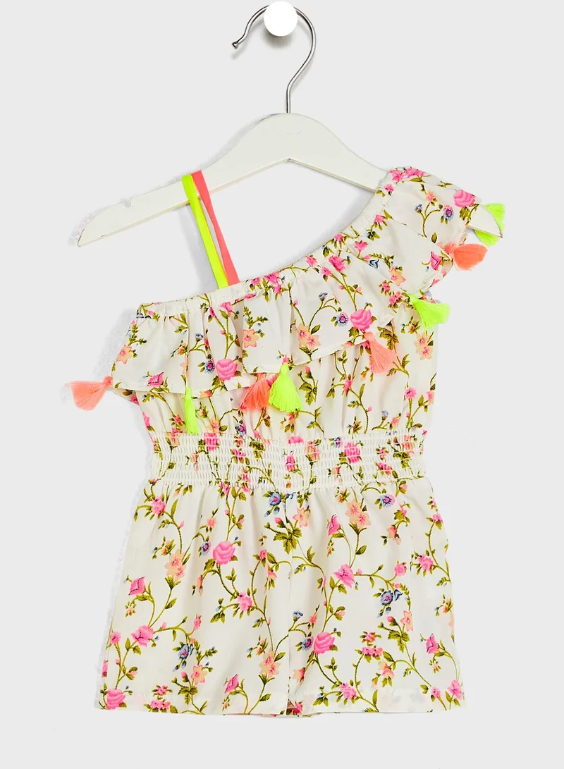 Nautinati Nauti Nati Girls Cream-Coloured Green Printed One Shoulder Basic Playsuit