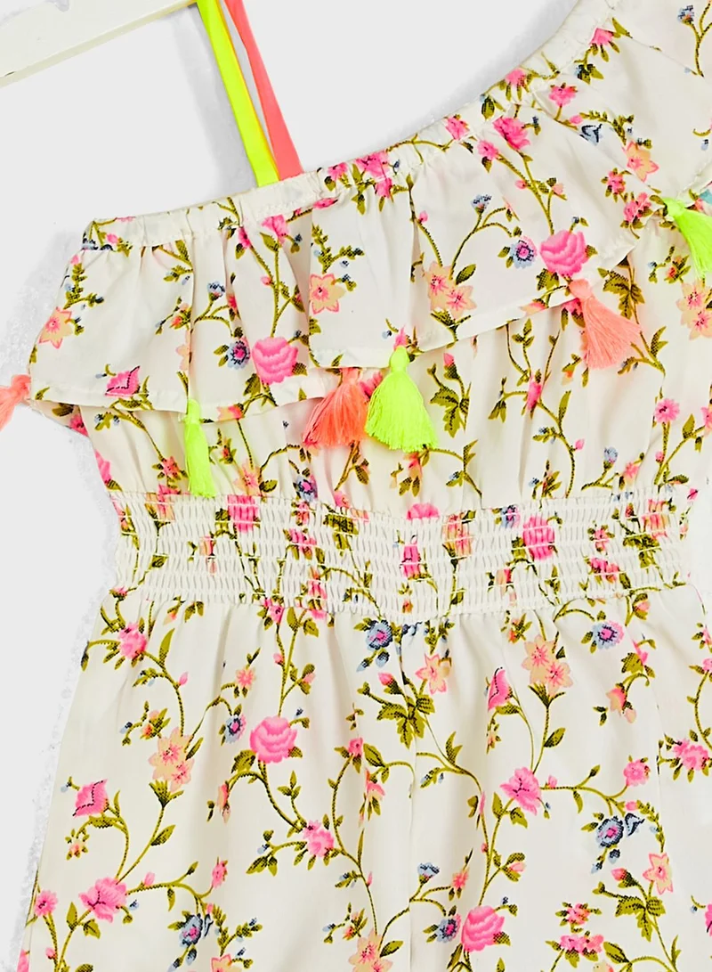 Nautinati Nauti Nati Girls Cream-Coloured Green Printed One Shoulder Basic Playsuit