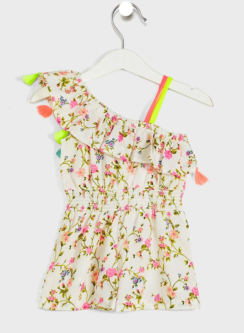 Nautinati Nauti Nati Girls Cream-Coloured Green Printed One Shoulder Basic Playsuit