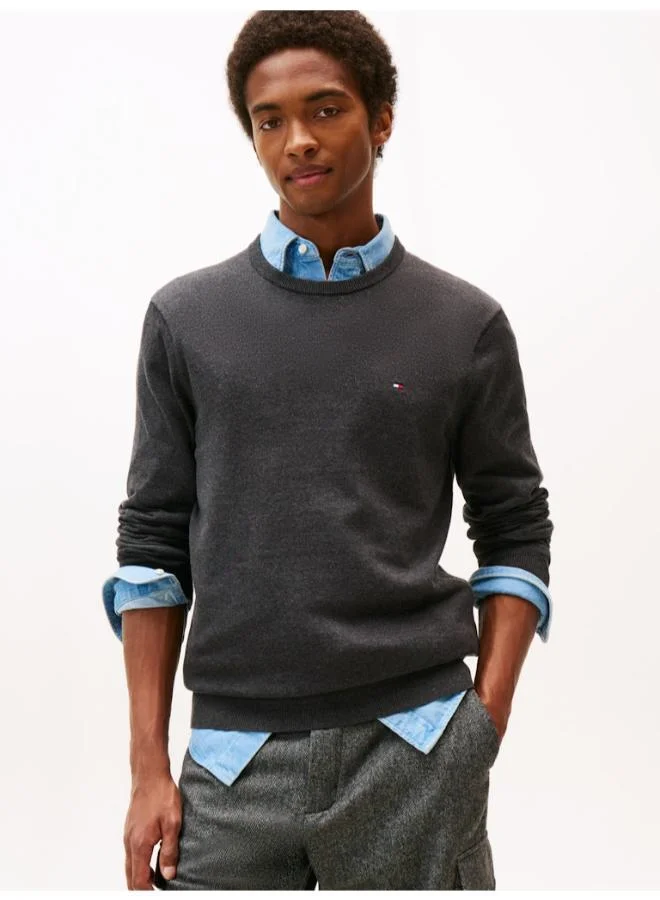 Tommy Hilfiger Grey Flag Embroidery Crew Neck Jumper for Men | Best Price UAE