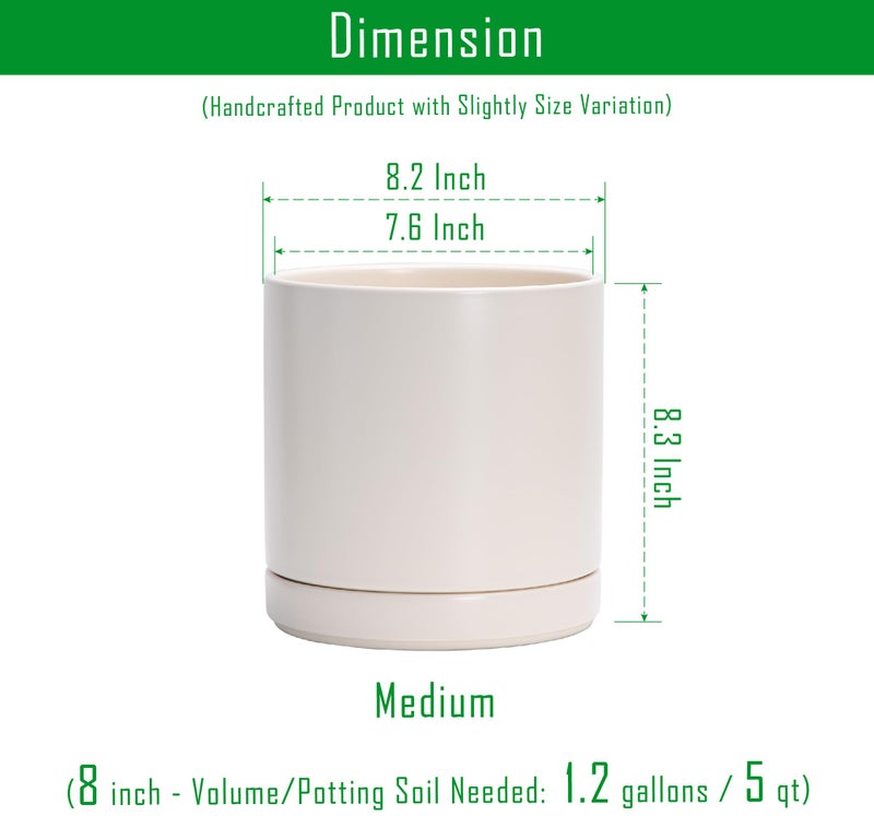D'vine Dev 8.2 Inch Ceramic Planter Pot with Drainage Hole and Saucer, Indoor Cylinder Round Planter Pot, Oatmeal, 94-O-D-8 - Image 3