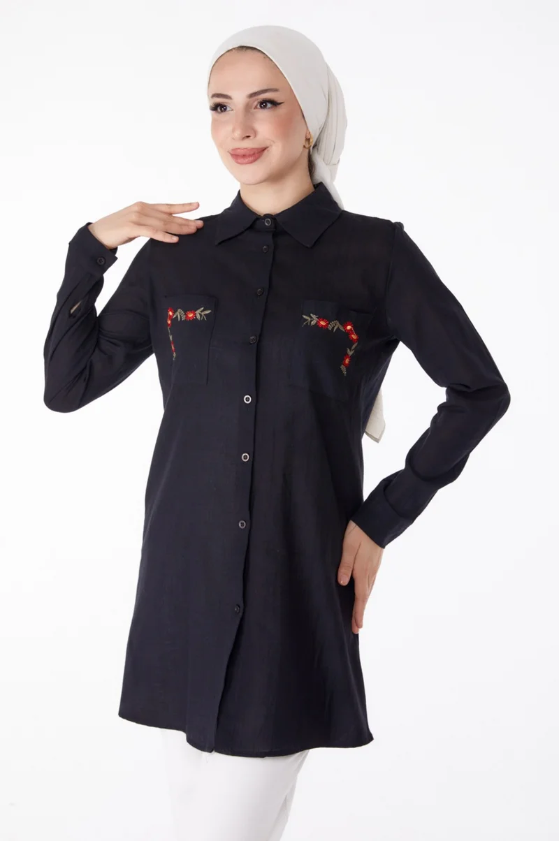 Tofisa Plain Shirt Collar Women's Black Pocket Embroidery Detail Tunic - 13170