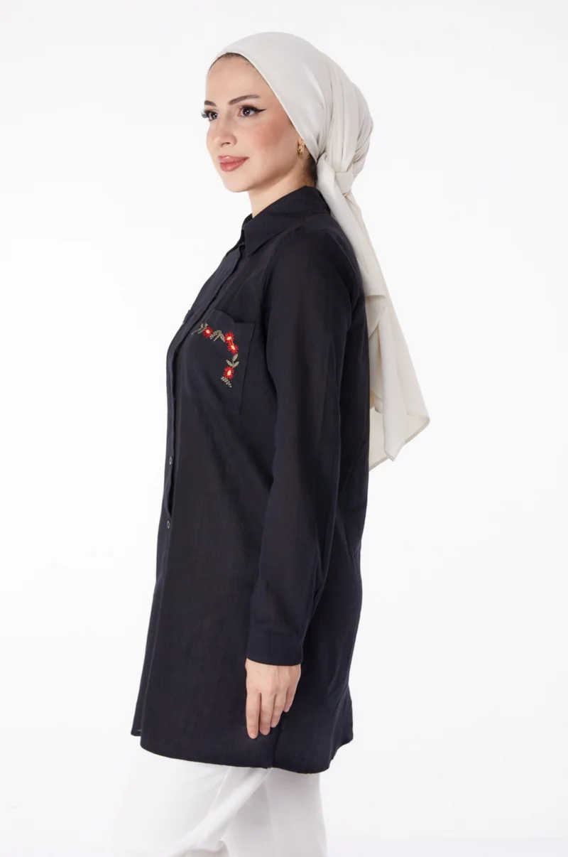 Tofisa Plain Shirt Collar Women's Black Pocket Embroidery Detail Tunic - 13170