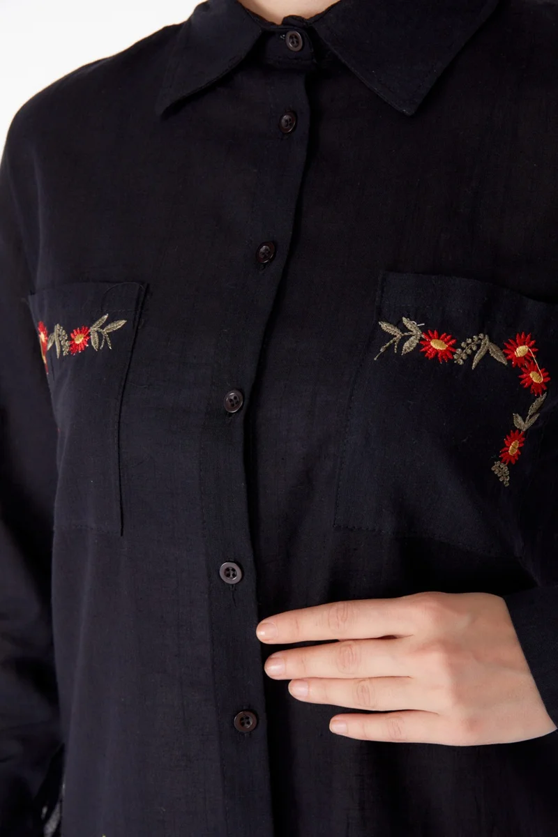 Tofisa Plain Shirt Collar Women's Black Pocket Embroidery Detail Tunic - 13170