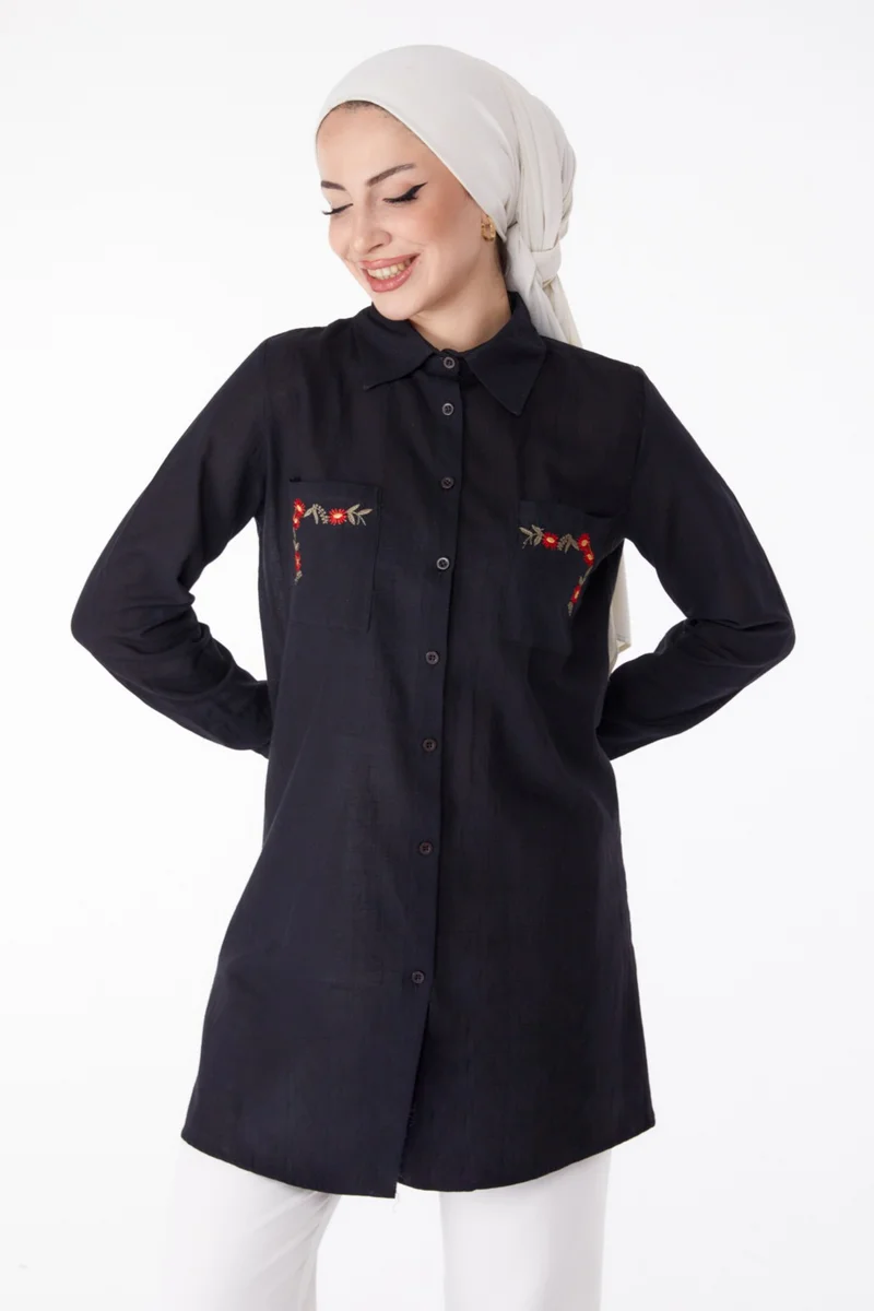 Tofisa Plain Shirt Collar Women's Black Pocket Embroidery Detail Tunic - 13170