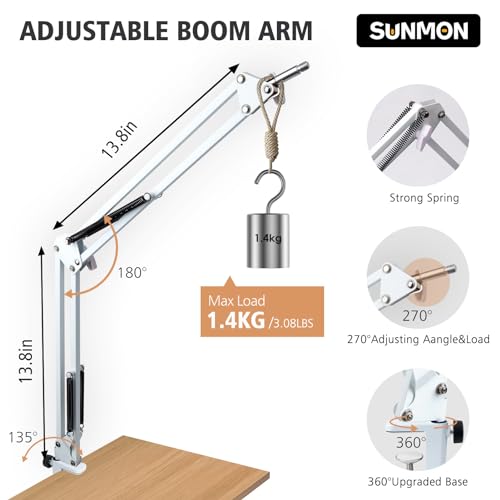 SUNMON White Boom Arm for Fifine AM8 - Mic Arm Compatible With Fifine Microphone, 3/8" to 5/8" Screw Adapter Clip, Desk Clamp Included - Image 3
