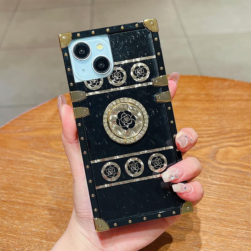 US LITE Premium Fashion Case for iPhone 15 Plus | Trunk Frame TPU Cover | Floral Design | Ring Holder | Elegant Protective Case - Black - Image 1