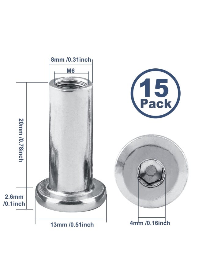 SUNSAR 15 Pcs M6 x 20mm Binding Post Screws, Socket Cap Furniture Bolts Insert Nuts Rivet Countersunk Hex Nuts for Furniture Beds Nickel Plated - Image 2