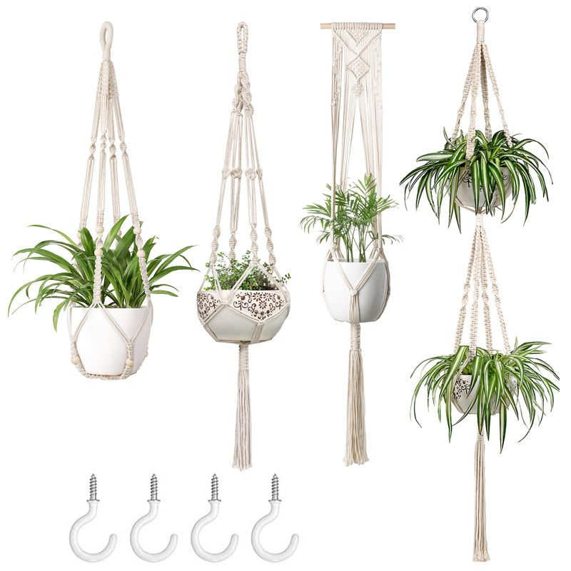 Mkono Mkono Macrame Plant Hangers Set of 4 Indoor Hanging Planter Basket Wall Decorative Flower Pot Holder with 4 Hooks for Indoor Outdoor Home Decor Gift Box Ivory 