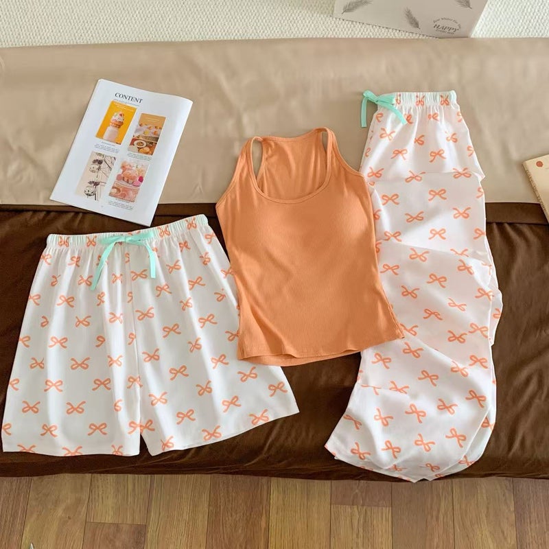 Women's Bow Print 3-Piece Loungewear Set Vest with Shorts & Pants - Image 3