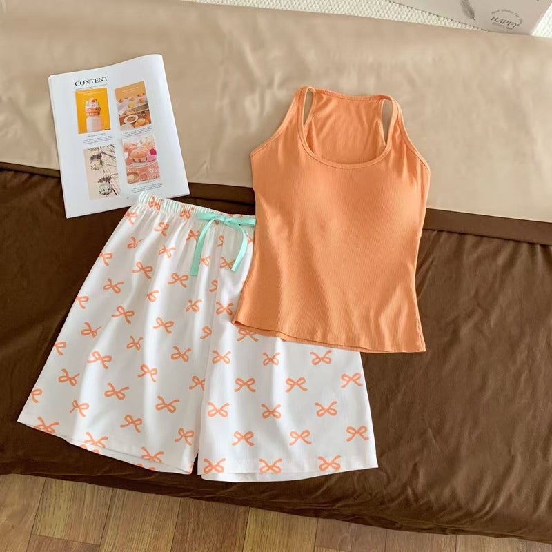 Women's Bow Print 3-Piece Loungewear Set Vest with Shorts & Pants - Image 1