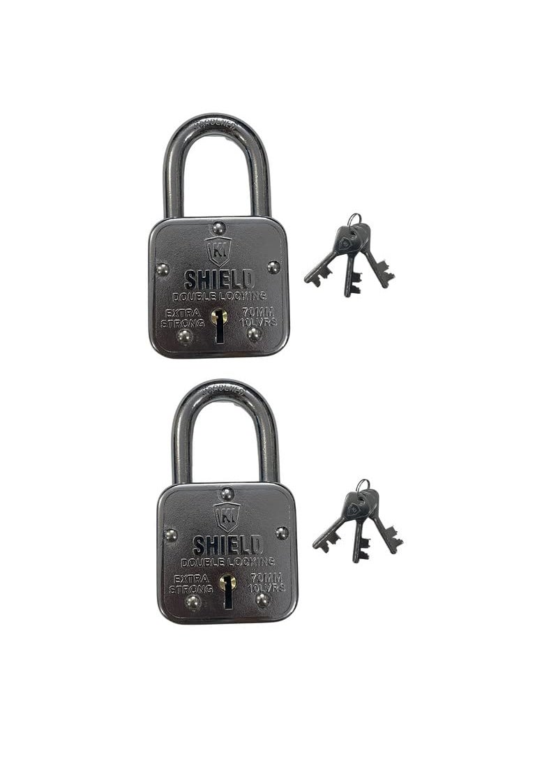 KI SHIELD - KI SHIELD Square PAD Lock 70MM ATOOT Square Pad Lock Double Locking Hardened Shackle Corrosion Resistant 10 Levers 3 Keys Riveted Extra Strong Body Durable Long Life Pack of 2 - Image 1