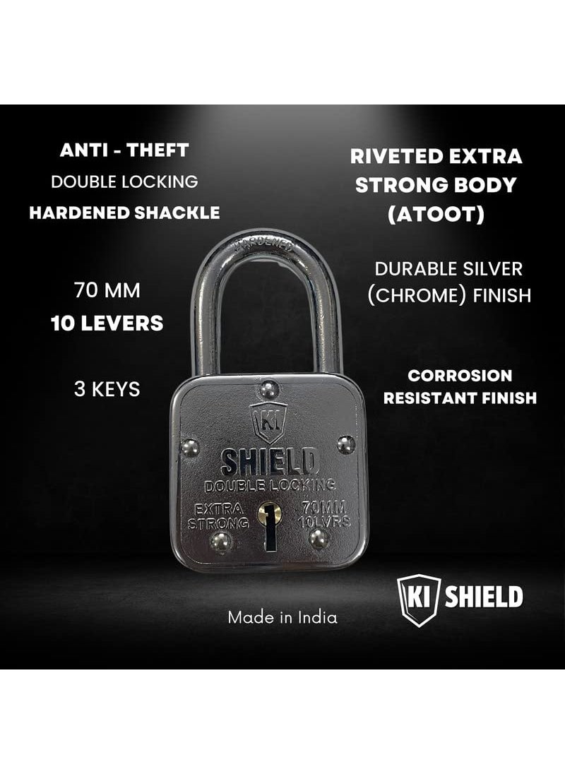 KI SHIELD - KI SHIELD Square PAD Lock 70MM ATOOT Square Pad Lock Double Locking Hardened Shackle Corrosion Resistant 10 Levers 3 Keys Riveted Extra Strong Body Durable Long Life Pack of 2 - Image 1