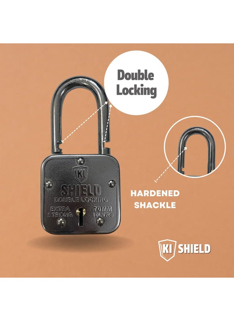 KI SHIELD - KI SHIELD Square PAD Lock 70MM ATOOT Square Pad Lock Double Locking Hardened Shackle Corrosion Resistant 10 Levers 3 Keys Riveted Extra Strong Body Durable Long Life Pack of 2 - Image 1