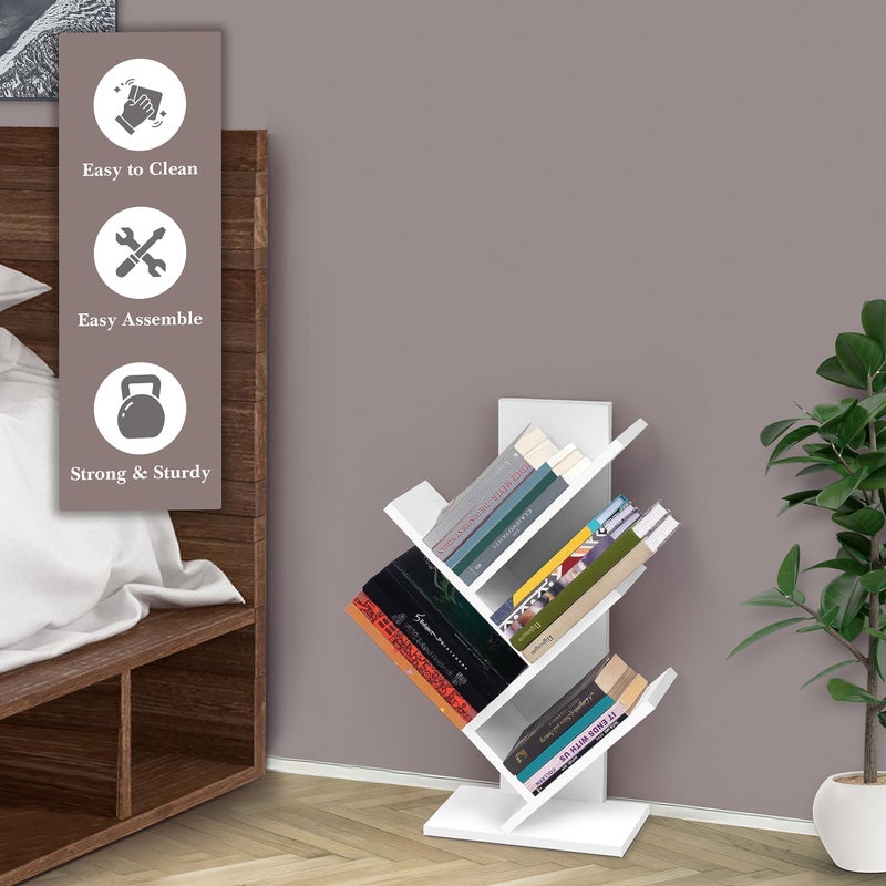 ABOUT SPACE Tree Book Shelf - 4 Tier Book Stand for Home Library, Office Engineered Wood Storage Utility Display Multipurpose Vertical Shelf for Bedroom, Living Room (L 30 x B 18 x H 63 cm - White) - Image 5