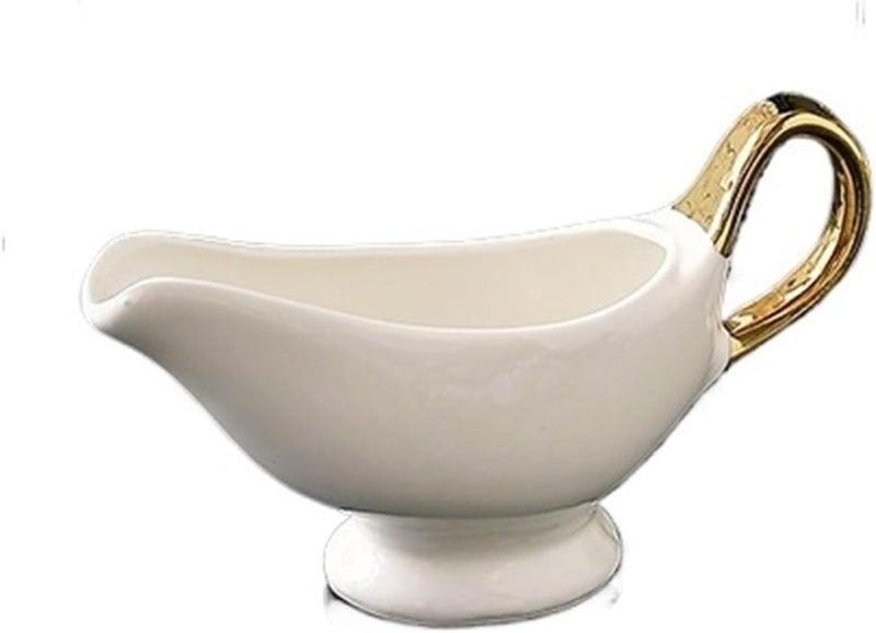 Gravy Boat 1 Pack Porcelain Gravy Boat Easy Pour White Gravy Boat with Golden Handle for Salad Dressings, Milk,Broth Gravy Jug(Medium) - Image 1