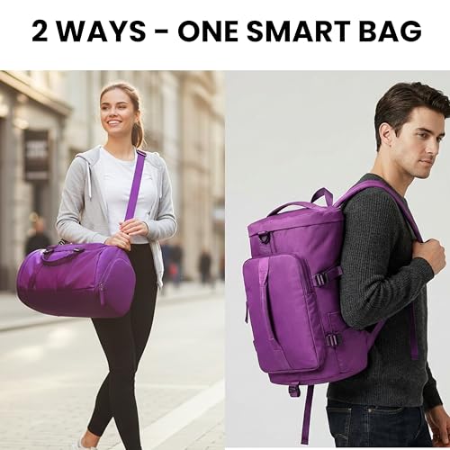 POPCUBE 2in1 Nylon 26cm Lightweight Waterproof Backpack Duffle Bag with Shoulder Straps, Small Rucksack Travel Bag for Men & Women with Wet Pocket & Shoe Compartment(45x26x26cm) (Purple) - Image 5