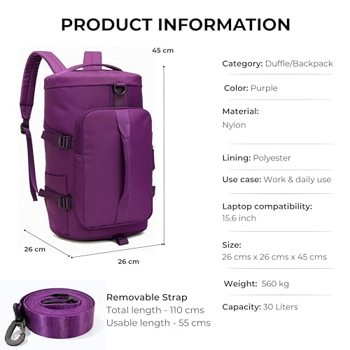 POPCUBE 2in1 Nylon 26cm Lightweight Waterproof Backpack Duffle Bag with Shoulder Straps, Small Rucksack Travel Bag for Men & Women with Wet Pocket & Shoe Compartment(45x26x26cm) (Purple) - Image 2