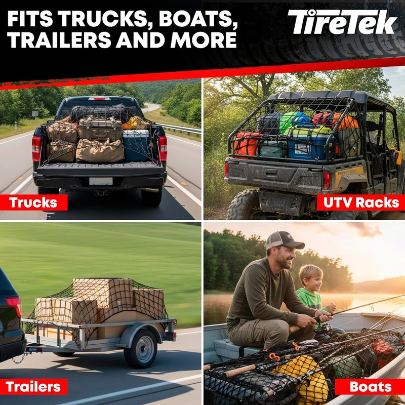 TireTek Dense material Cargo Net for Pickup Truck Bed- 4' x 6' Stretches to 8' x 12'- Heavy Duty Small 4”x4” Latex Bungee Net Mesh with 12 Metal Carabiners - Compatible with Ford, Dodge RAM, Chevy, Toyota Upgraded simple practical design - Image 4