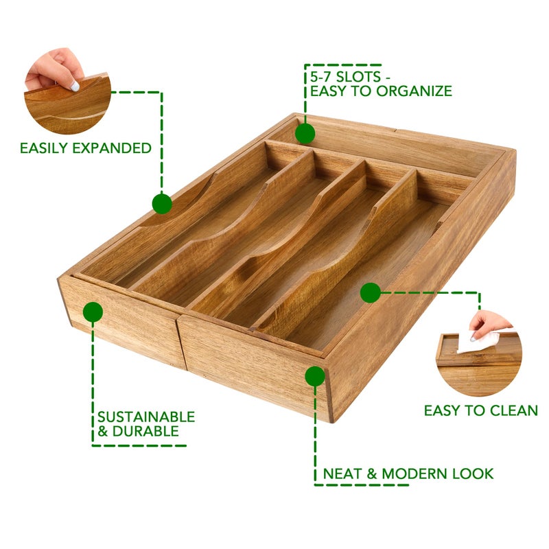 oridom Expandable Acacia Kitchen Drawer Organizer for Cutlery and Utensils, Adjustable Acacia Wood Cutlery Tray in Drawer for Flatware and Silverware in Kitchen - Image 3