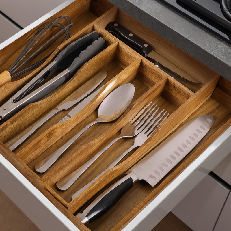 oridom Expandable Acacia Kitchen Drawer Organizer for Cutlery and Utensils, Adjustable Acacia Wood Cutlery Tray in Drawer for Flatware and Silverware in Kitchen - Image 4