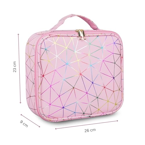 Shamax Faux Leather Professional Makeup Organizer Bag for Home & Travel, Vanity Bag with Dividers Brushes Toiletries Cosmetic Storage 26x23x9 cm Vanity Box Customizable Compartments (Baby Pink) - Image 3