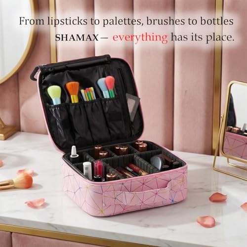 Shamax Faux Leather Professional Makeup Organizer Bag for Home & Travel, Vanity Bag with Dividers Brushes Toiletries Cosmetic Storage 26x23x9 cm Vanity Box Customizable Compartments (Baby Pink) - Image 4