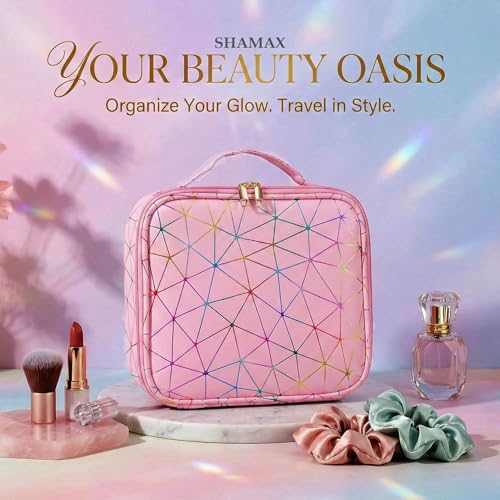 Shamax Faux Leather Professional Makeup Organizer Bag for Home & Travel, Vanity Bag with Dividers Brushes Toiletries Cosmetic Storage 26x23x9 cm Vanity Box Customizable Compartments (Baby Pink) - Image 5
