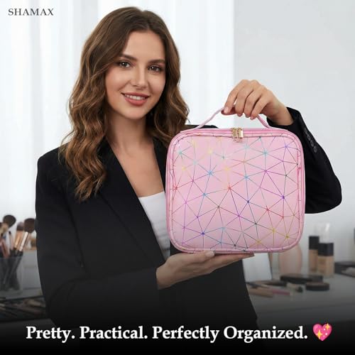 Shamax Faux Leather Professional Makeup Organizer Bag for Home & Travel, Vanity Bag with Dividers Brushes Toiletries Cosmetic Storage 26x23x9 cm Vanity Box Customizable Compartments (Baby Pink) - Image 2