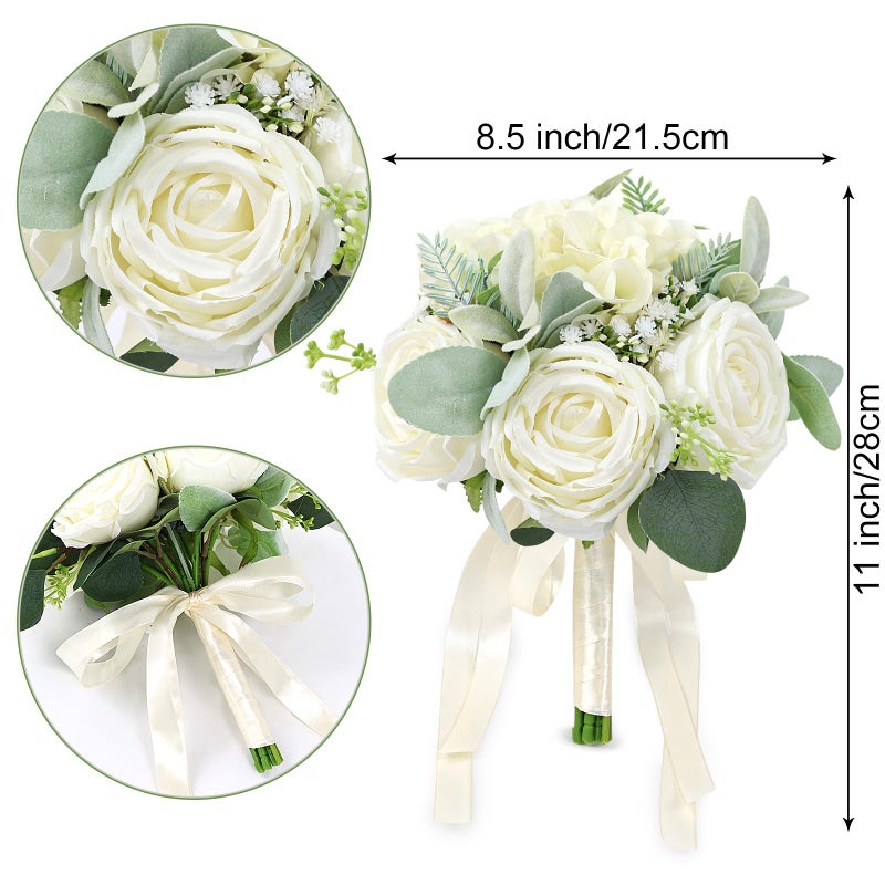 SEMONONIA Wedding Bouquets for Bride Bridesmaid 8.5 Inch Ivory White Artificial Roses Flowers Bridal Bouquets for Bride Wedding Marriage Proposal Party Church Decoration - Image 3