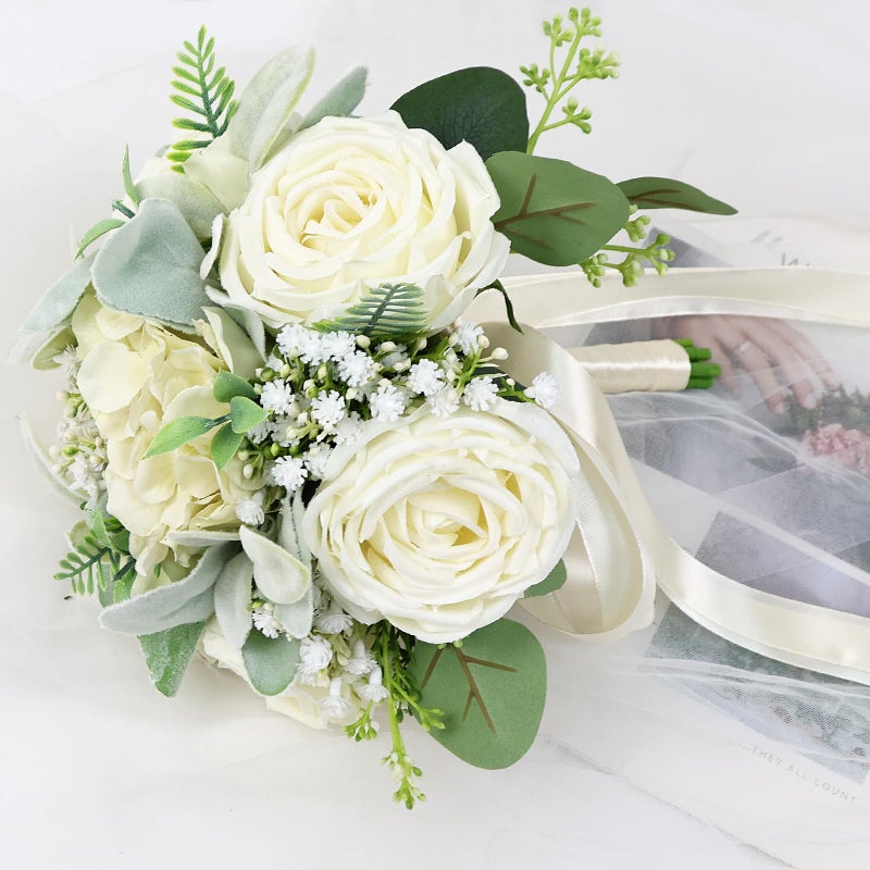SEMONONIA Wedding Bouquets for Bride Bridesmaid 8.5 Inch Ivory White Artificial Roses Flowers Bridal Bouquets for Bride Wedding Marriage Proposal Party Church Decoration - Image 5
