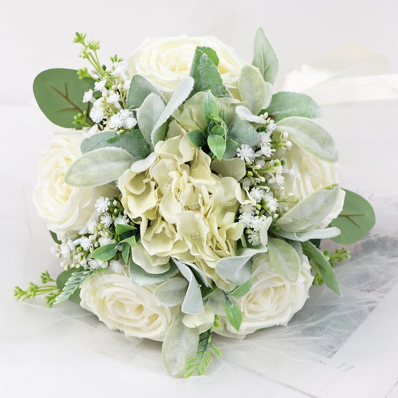 SEMONONIA Wedding Bouquets for Bride Bridesmaid 8.5 Inch Ivory White Artificial Roses Flowers Bridal Bouquets for Bride Wedding Marriage Proposal Party Church Decoration - Image 2