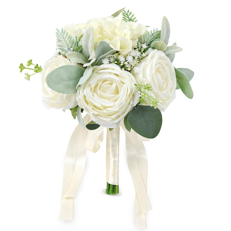 SEMONONIA Wedding Bouquets for Bride Bridesmaid 8.5 Inch Ivory White Artificial Roses Flowers Bridal Bouquets for Bride Wedding Marriage Proposal Party Church Decoration - Image 1
