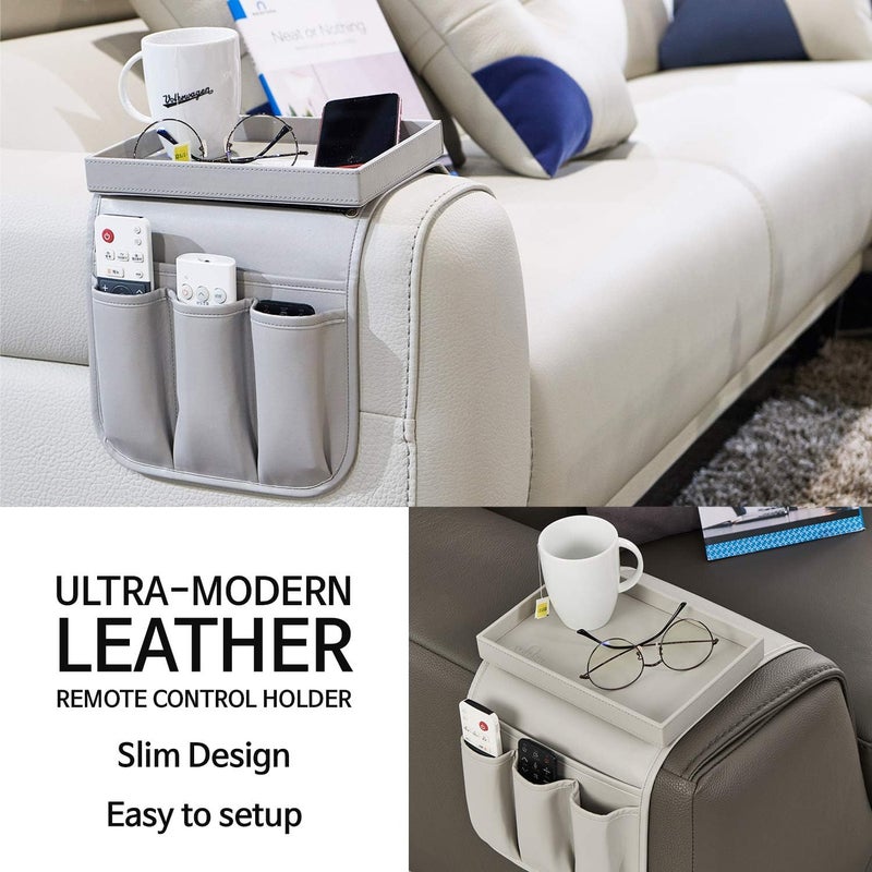 Uneatop Couch Remote Caddy Control Holder Sofa Synthetic PU Leather Organizer with Detachable Tray for Recliner Chair Armrests with 4 Slots - 1 Large Pockets and 3 Small Pockets (Grey) - Image 5