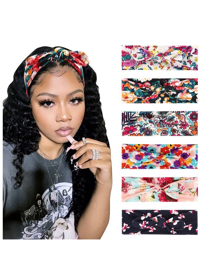 DRESHOW DRESHOW Boho Bow Headbands for Women Vintage Flower Printed Yoga Hairband Elastic Rabbit Ear Head Wrap 6 Pack  - Image 1
