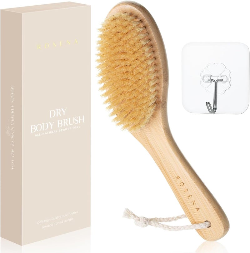 ROSENA Dry Brushing Body Brush with Curved Handle Dry Brush Natural Boar Bristles Bamboo Ergonomic Design for Exfoliating Lymphatic Drainage Sustainable Materials