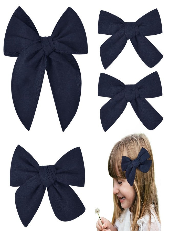 DEEKA 4 PCS Navy Blue Cotton Linen Hair Bows 3 Styles 5" & 4" Handmade Hair Bow set for Toddler Girls Alligator Hair Clips Knot Bows Hair Accessories for Little School Girls (Navy Blue) - Image 1