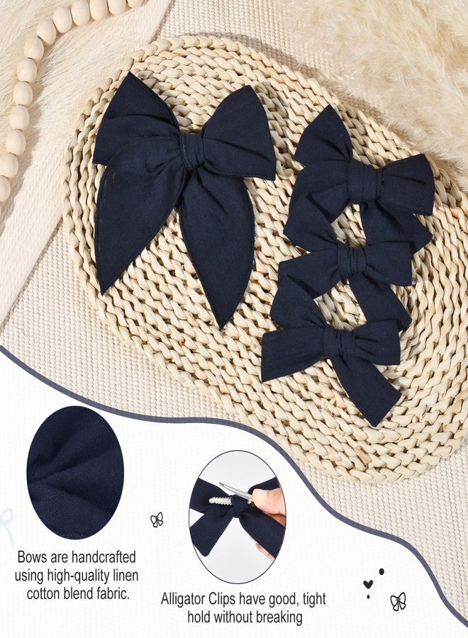 DEEKA 4 PCS Navy Blue Cotton Linen Hair Bows 3 Styles 5" & 4" Handmade Hair Bow set for Toddler Girls Alligator Hair Clips Knot Bows Hair Accessories for Little School Girls (Navy Blue) - Image 2