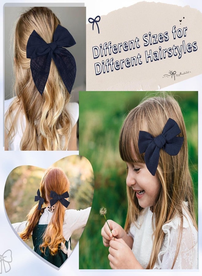 DEEKA 4 PCS Navy Blue Cotton Linen Hair Bows 3 Styles 5" & 4" Handmade Hair Bow set for Toddler Girls Alligator Hair Clips Knot Bows Hair Accessories for Little School Girls (Navy Blue) - Image 3