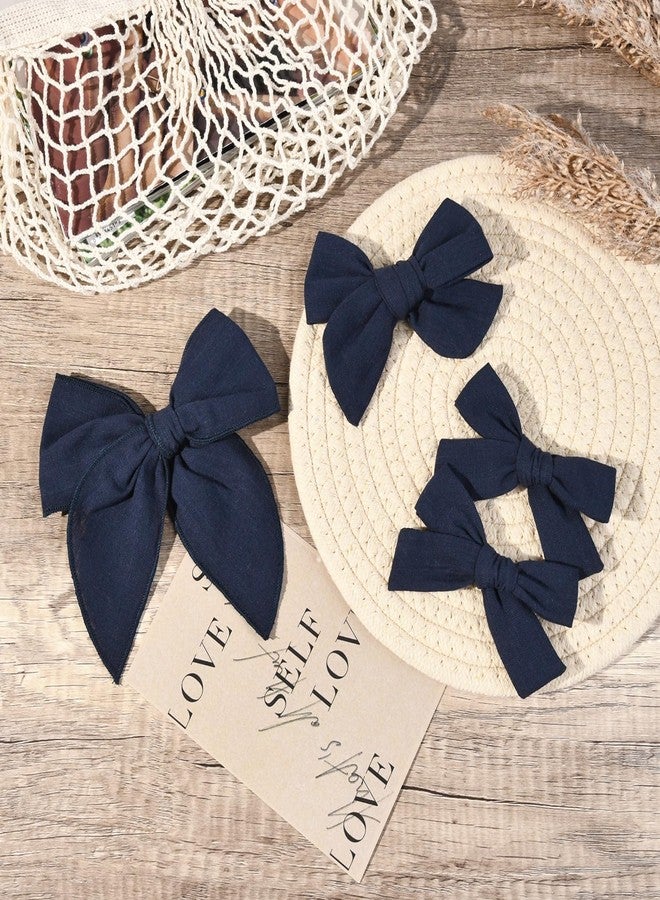 DEEKA 4 PCS Navy Blue Cotton Linen Hair Bows 3 Styles 5" & 4" Handmade Hair Bow set for Toddler Girls Alligator Hair Clips Knot Bows Hair Accessories for Little School Girls (Navy Blue) - Image 4