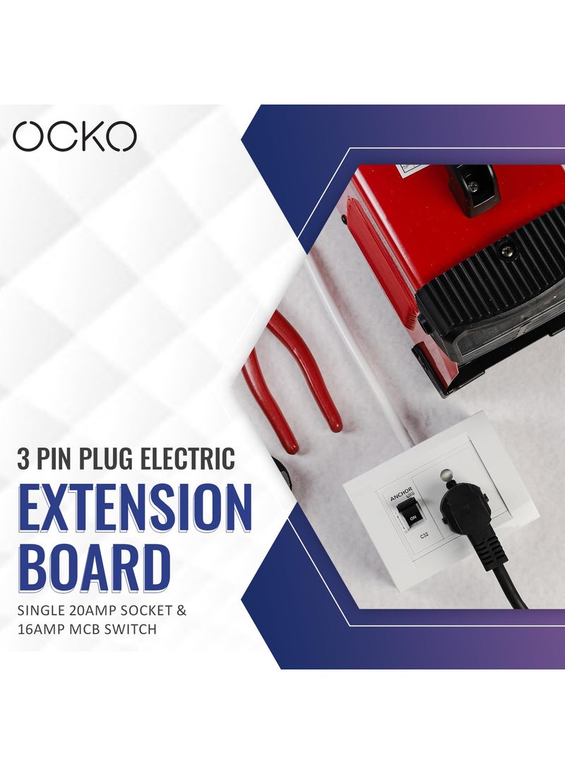 OCKO Ocko Extension Board Single 20Amp Socket 16Amp MCB Switch 16 Amp 3 Pin Plug Heavy Duty MCB Enclosure 25 mm 5 Meter Long Cable for Refrigerator AC EVehicle Charger Pack of 1 White  - Image 4