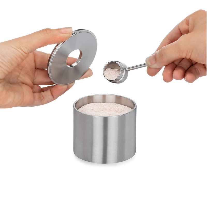 Grind Gourmet Salt Cellar Spice Jars Stainless Steel Storage Spice Jars With Spoon Solid Stainless Steel Holder 158 Silver