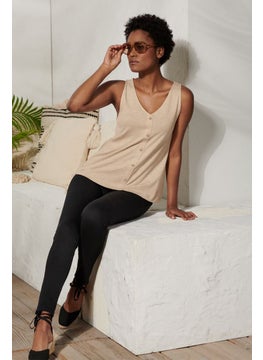Women V Neck Sleeveless Plain Top, Beige