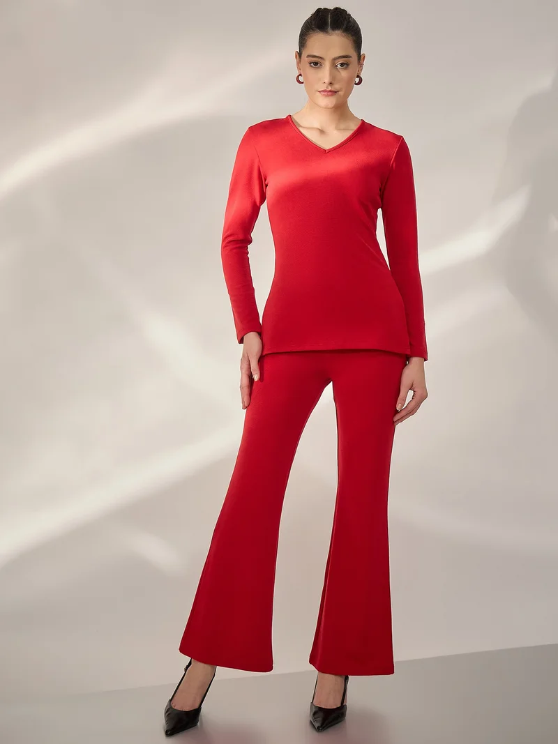 Panit PANIT Red Ribbed Fitted Tops with Trouser Co-Ords Set