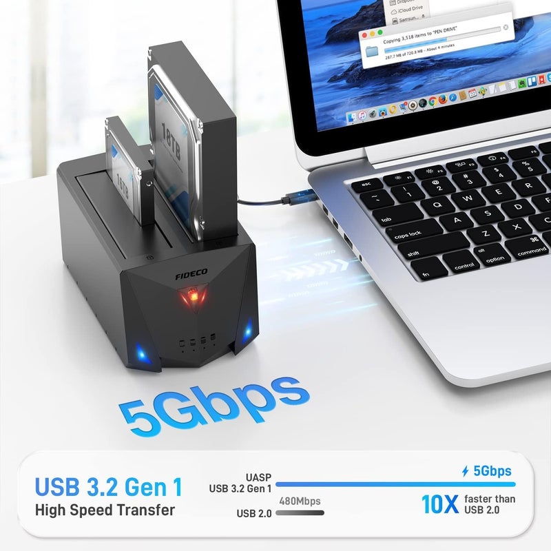 Tobo محطة إرساء الأقراص الصلبة USB 3.2 Gen 1، 2.5/3.5 بوصة SATA HDD/SSD مع النسخ الاحتياطي غير المتصل، UASP، معدني، أسود - Image 2