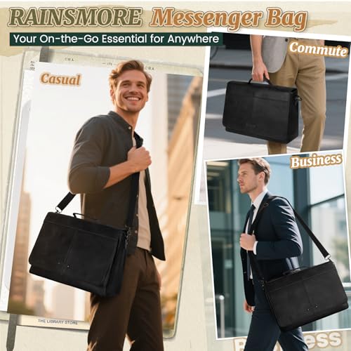 RAINSMORE Vintage Flap Messenger Bag for Men PU Vegan Leather Laptop Bag 15.6 Inch Waterproof Mens Briefcase Retro Computer Bag for Work College Office Travel Satchel Bag Men Black - Image 2