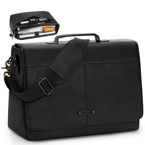 RAINSMORE Vintage Flap Messenger Bag for Men PU Vegan Leather Laptop Bag 15.6 Inch Waterproof Mens Briefcase Retro Computer Bag for Work College Office Travel Satchel Bag Men Black - Image 1