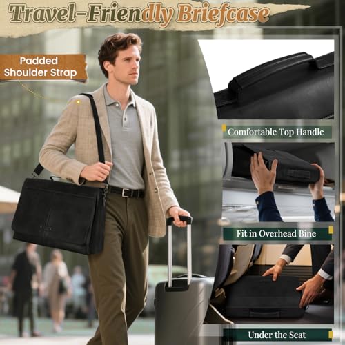 RAINSMORE Vintage Flap Messenger Bag for Men PU Vegan Leather Laptop Bag 15.6 Inch Waterproof Mens Briefcase Retro Computer Bag for Work College Office Travel Satchel Bag Men Black - Image 5